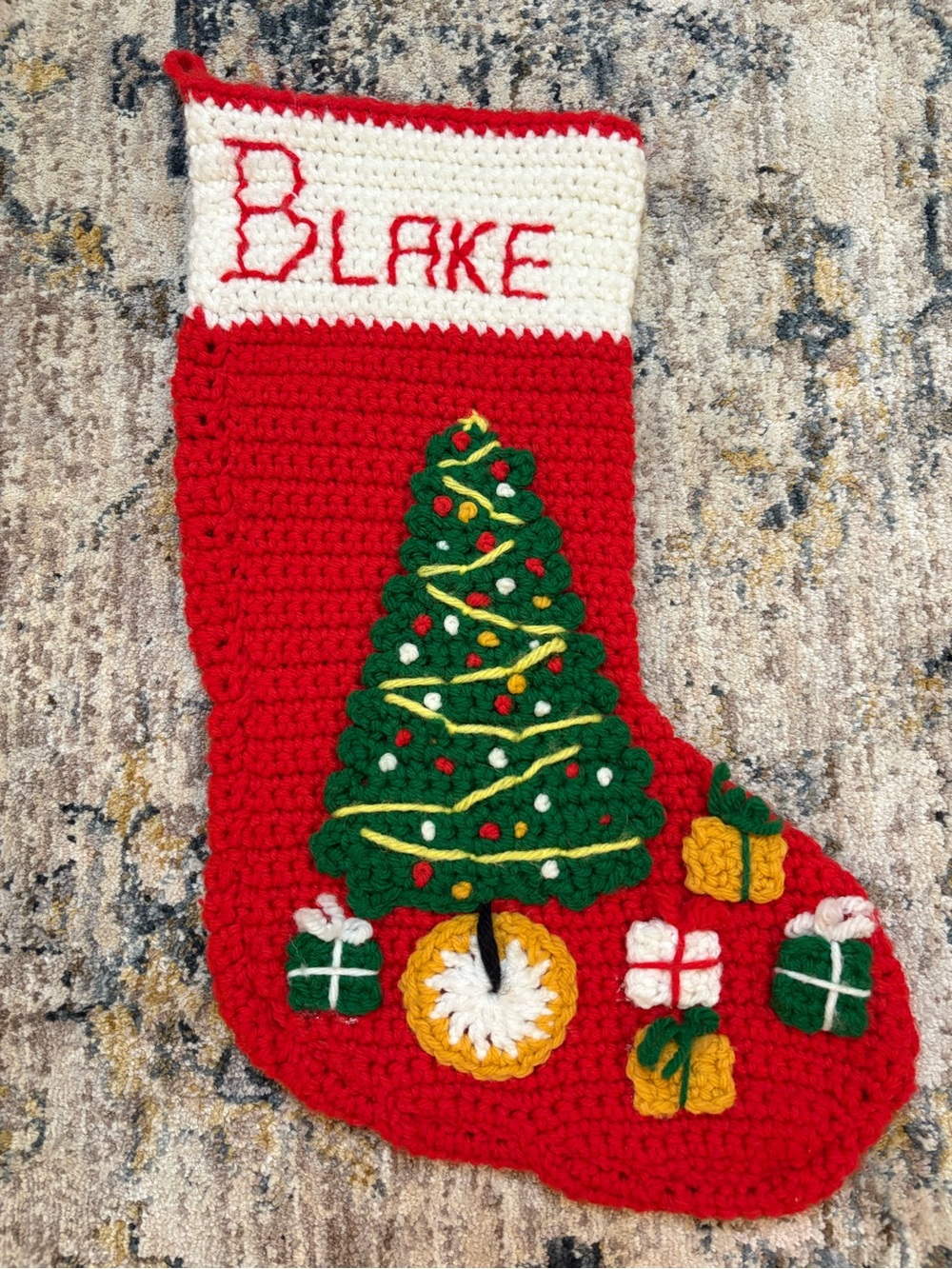 Vintage Handmade Crochet 16” 3-D Christmas Stocking with Tree Personalized Blake